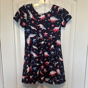 Dinosaur Print Kids Dress - Red/Pink, White, and Blue - Fits like size 6